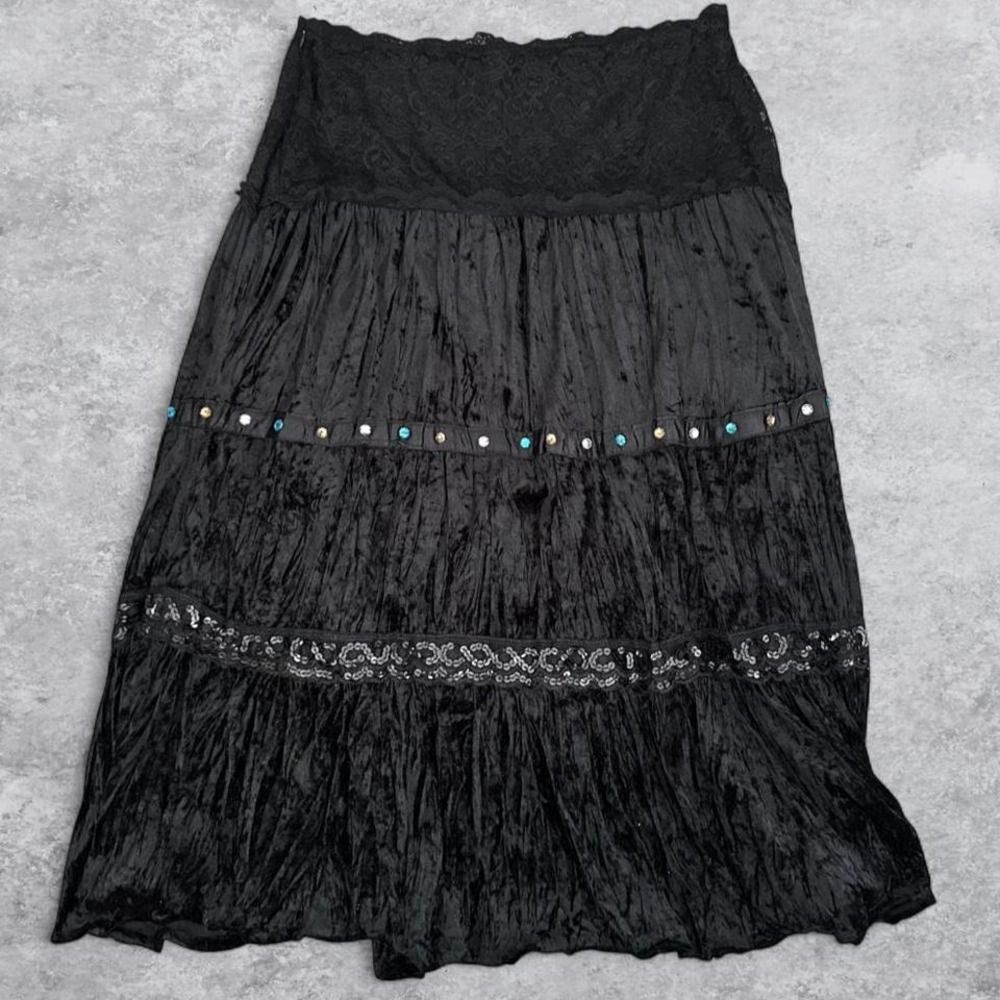 Connection 18 Black Crushed Velvet Lace Waist Midi Skirt Rhinestone Sequin XL - Picture 7 of 8
